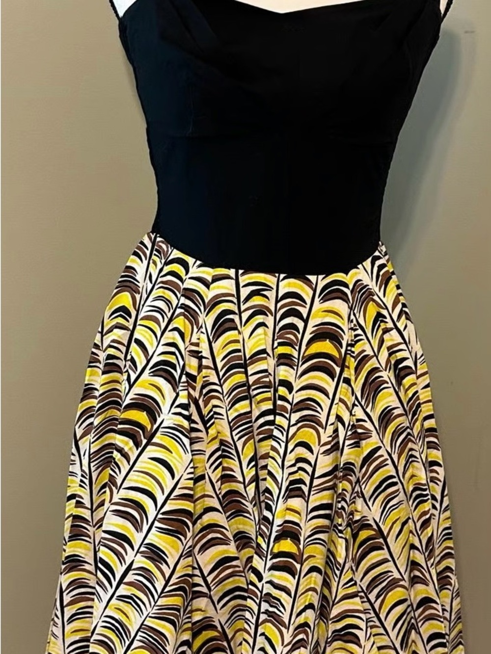 Retro Halter Dress: Black Yellow & White brown Patterned Fit-and-Flare Dress